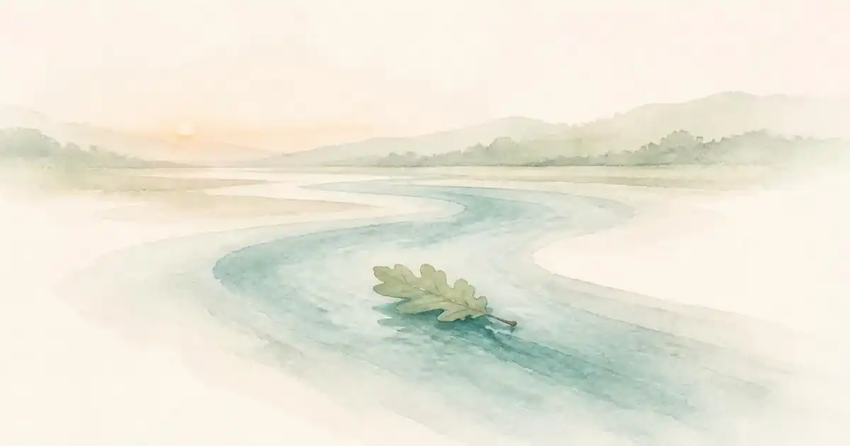 Watercolour of a calm teal stream winding through soft Fraser Valley hills, with a single oak leaf resting on the water