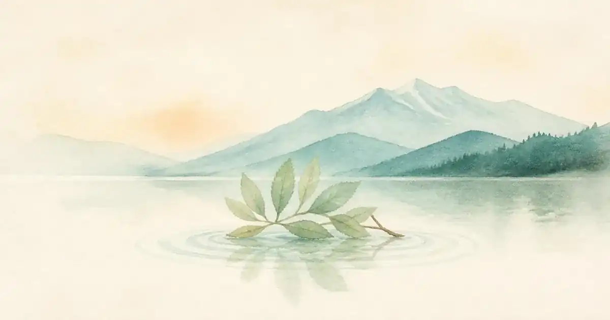 Watercolour of a sage herb sprig resting on still water with gentle ripples, soft layered hills in the background