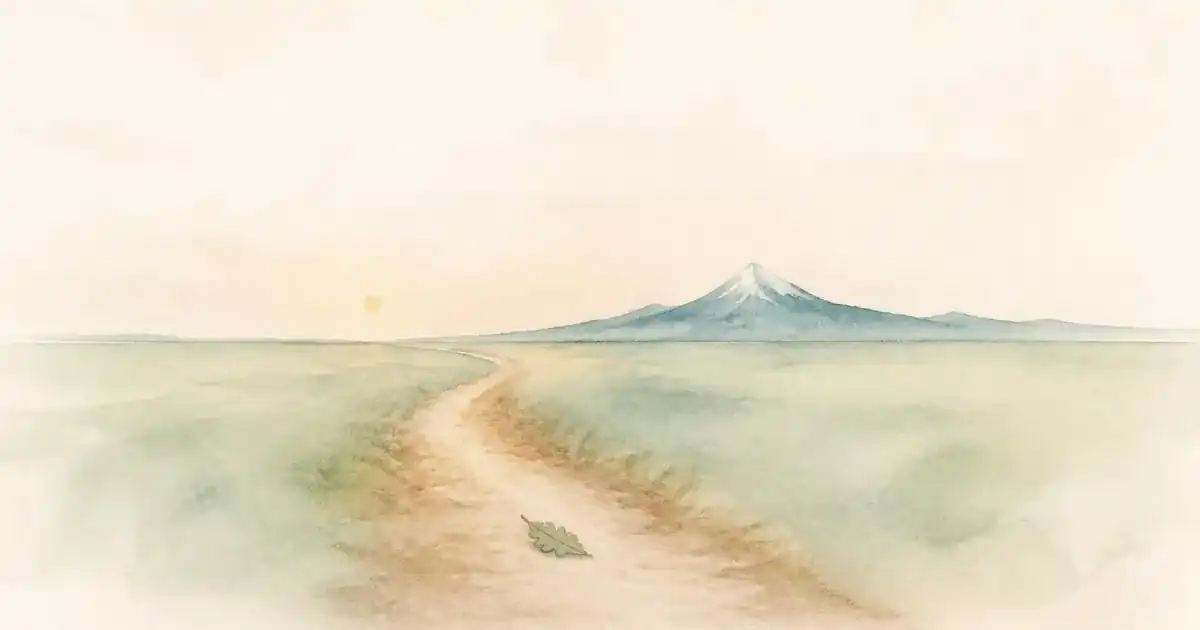 Watercolour of an earthen path winding through a quiet meadow toward a soft mountain peak, with a single fallen leaf