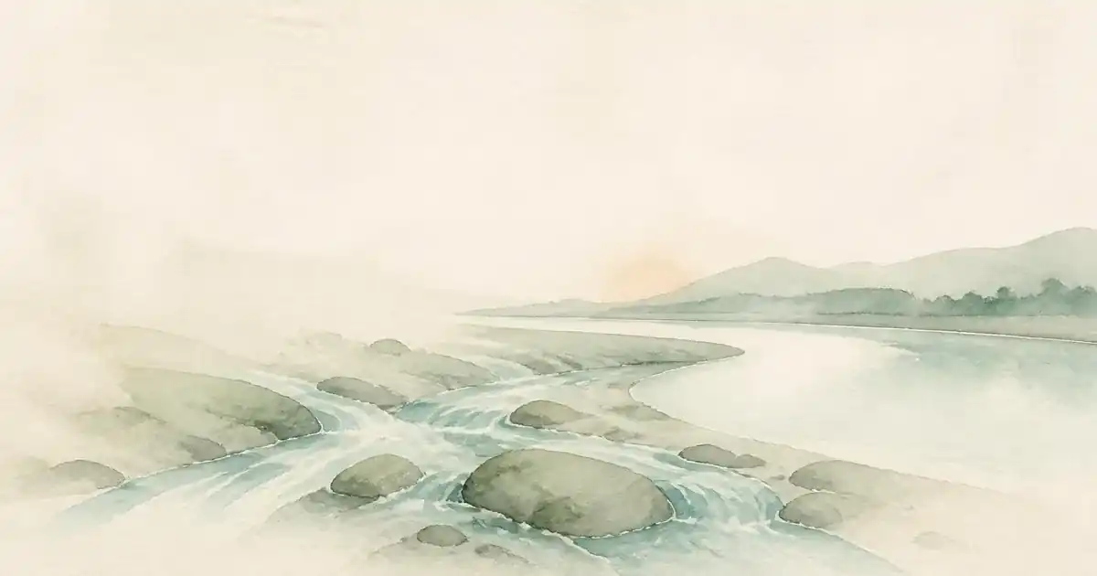 Watercolour of pale teal water flowing gently over sage stones into a slow river bend below soft Fraser Valley hills