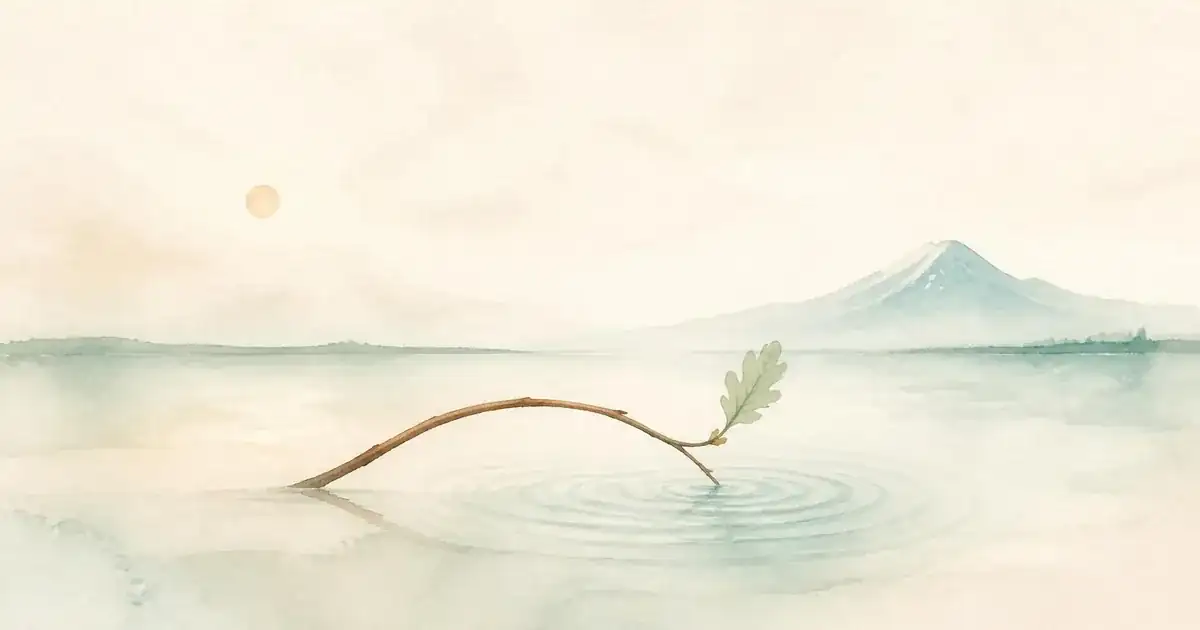 Watercolour of a slender oak branch with one new leaf bending over still water, soft ripples below and a pale peak behind
