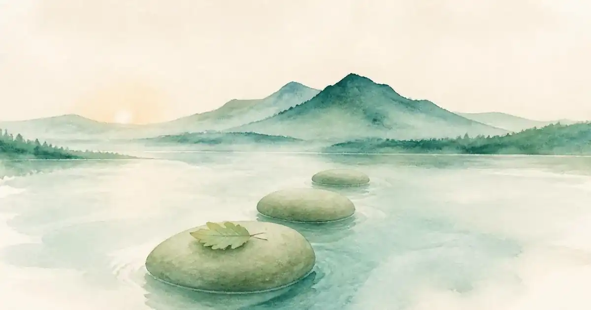 Watercolour of three smooth sage stepping stones crossing calm teal water, an oak leaf on the first, below soft green hills