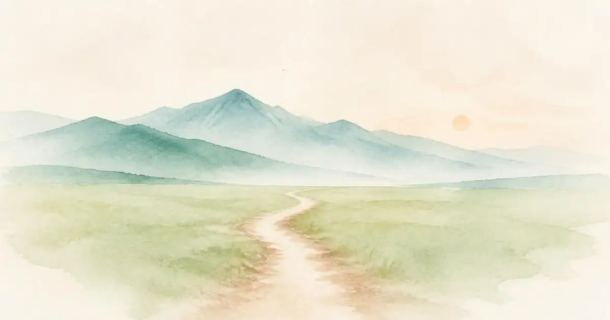 Watercolour of a narrow path winding through a soft sage meadow toward layered teal mountains and a small peach sun