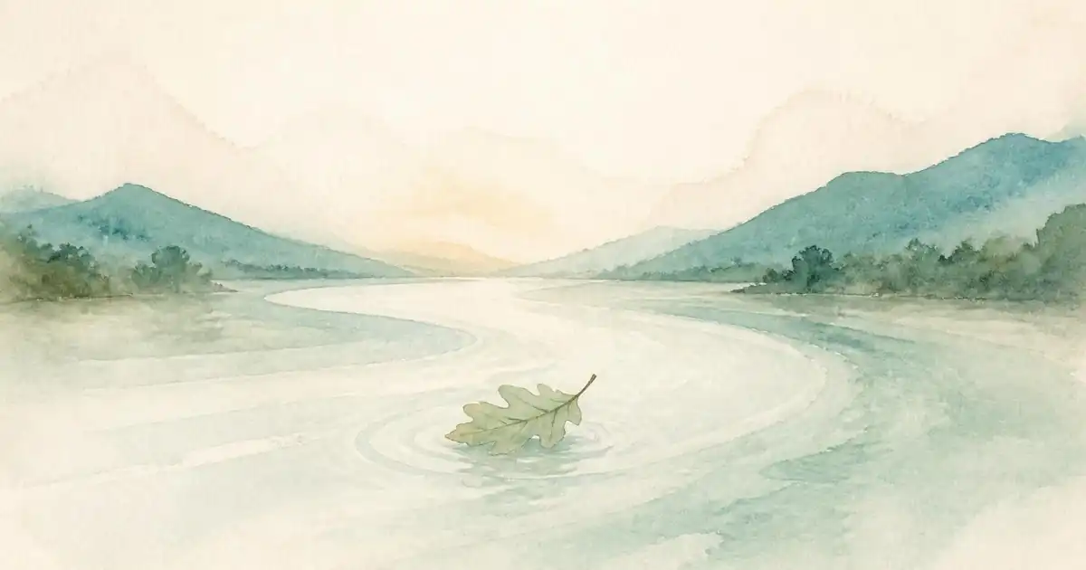 Watercolour of a single oak leaf drifting on a slow, winding river with soft ripples, between teal hills under a pale sky
