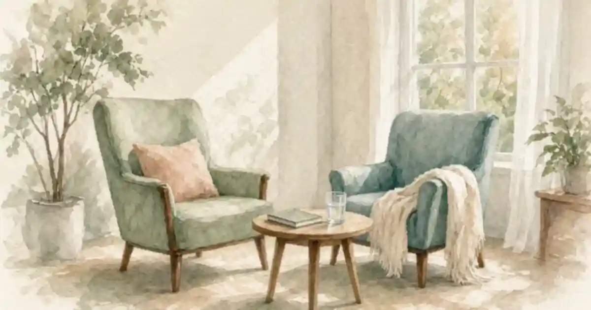 Two armchairs facing each other in a bright room with plants and a notebook, the kind of calm space where CBT happens