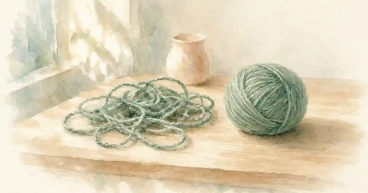 A loose tangle of green wool beside a neatly wound ball on a wooden table, for untangling the loop that keeps anxiety going
