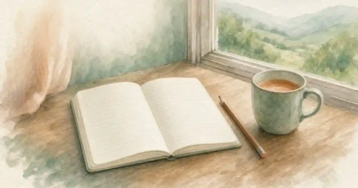 An open lined notebook, a pencil and a mug of tea on a desk by a window, like a thought record used between sessions