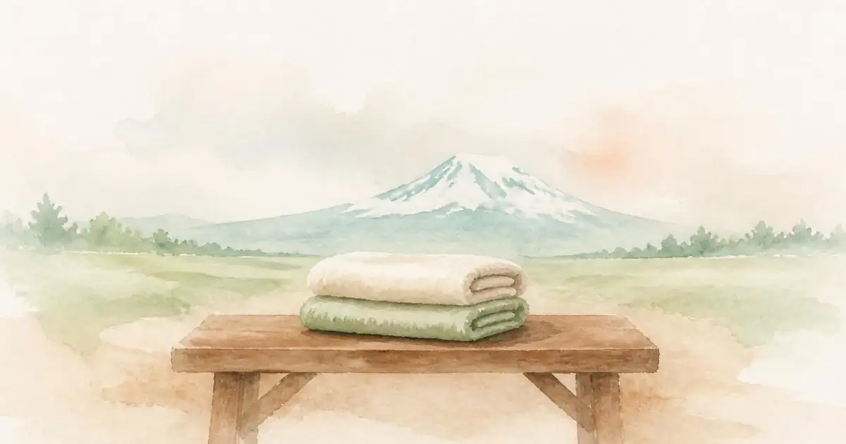 Watercolour of two folded towels, cream and sage, on a wooden bench in front of pale green fields and a single snowy peak