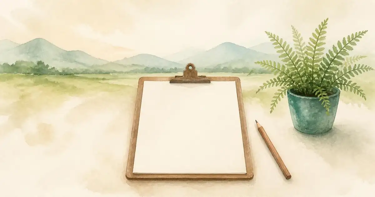 Watercolour of a blank clipboard and pencil on a cream table beside a potted fern, with soft green hills behind