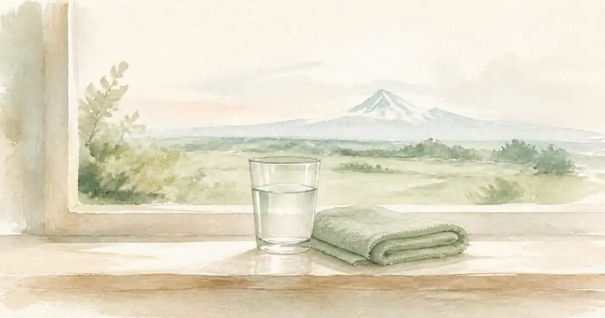 Watercolour of a glass of water and a folded sage green towel on a windowsill with a soft mountain view behind
