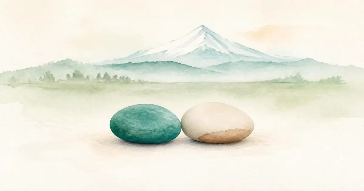 Watercolour of two smooth river stones side by side on cream paper, one teal and one sand, below a soft distant peak