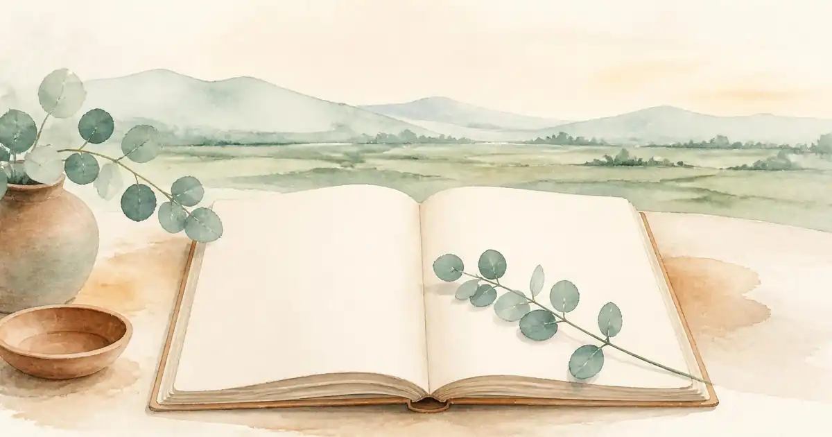 Watercolour of an open blank notebook with a sprig of eucalyptus on a cream table, beside a clay vase and bowl