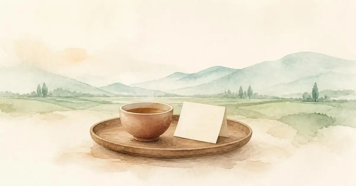 Watercolour of a small clay cup of tea and a folded blank card on a wooden tray, with soft green hills behind