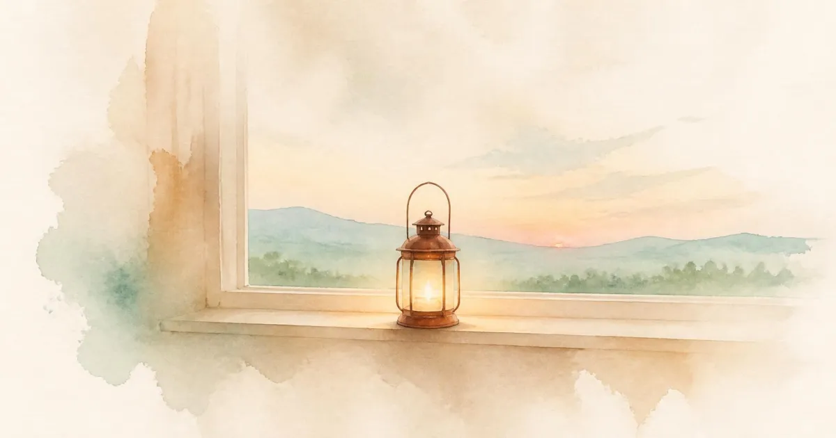 Watercolour of a small lantern glowing on a windowsill at dusk overlooking soft hills