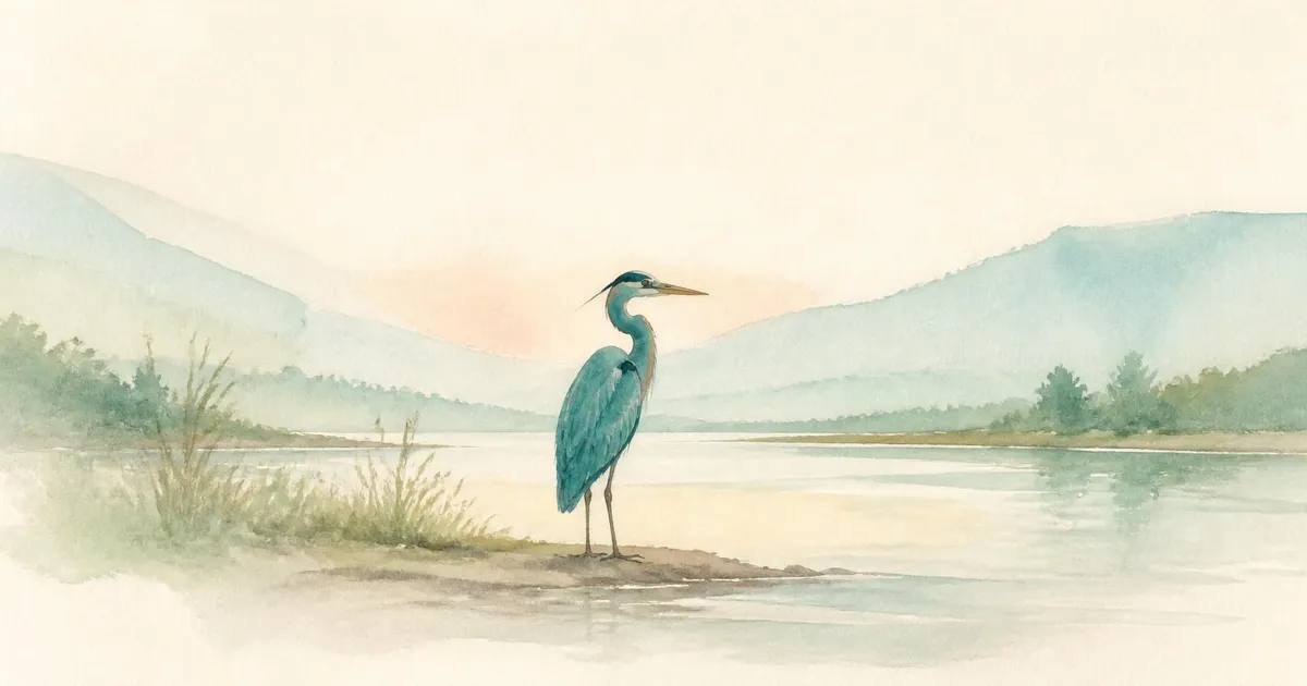 Soft watercolour of a single teal heron standing still at the edge of a slow river, with pale green hills beyond