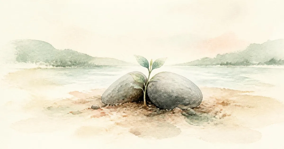 Watercolour of a young sage seedling sheltered between two smooth river stones on a quiet shore, with soft green hills beyond