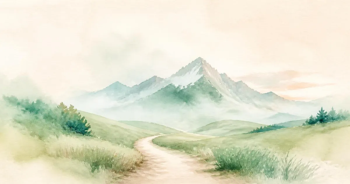 Watercolour of a quiet path curving through soft green fields toward layered misty mountains under a pale, calm sky