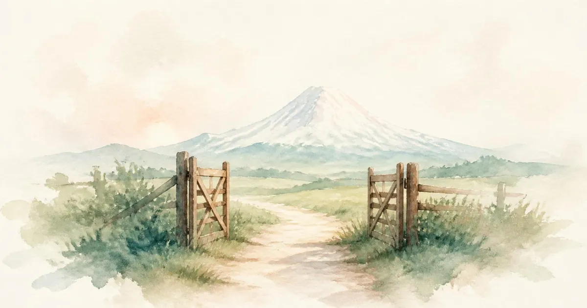 Soft watercolour of an open wooden gate on a quiet path leading toward a single pale snowy peak and green fields
