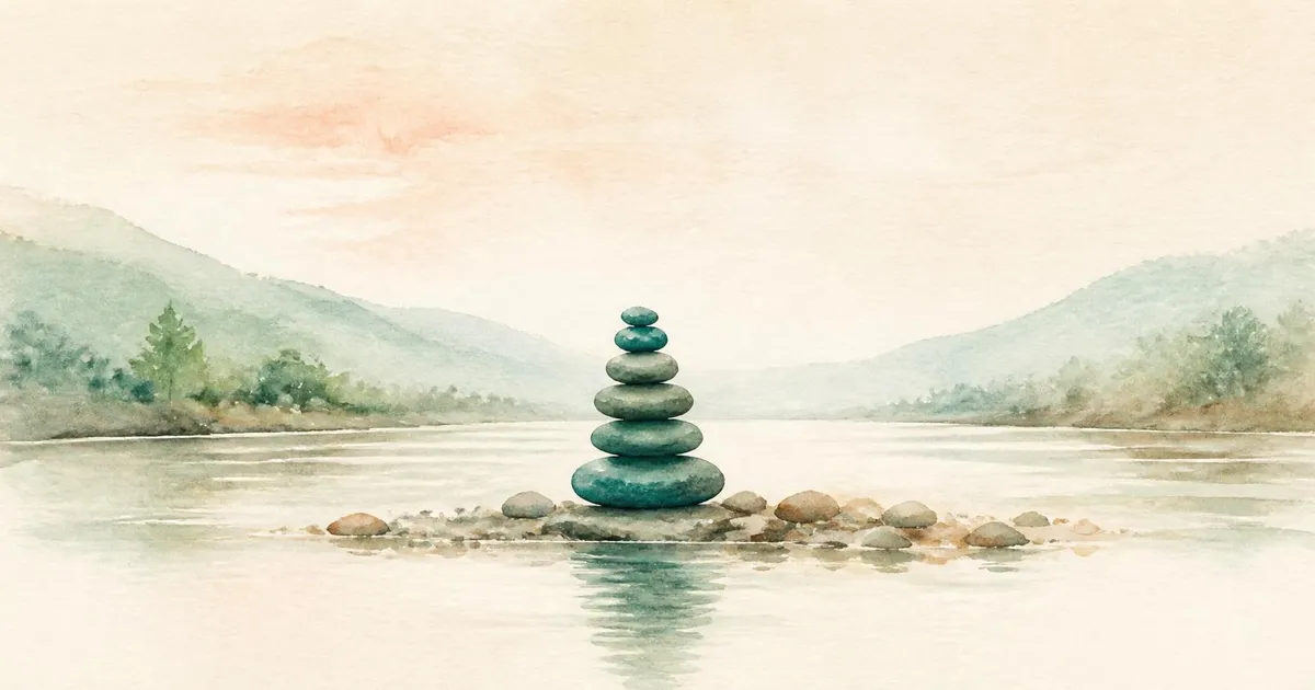Watercolour of a small teal stone cairn standing on a calm riverbank, with soft green hills fading into the distance