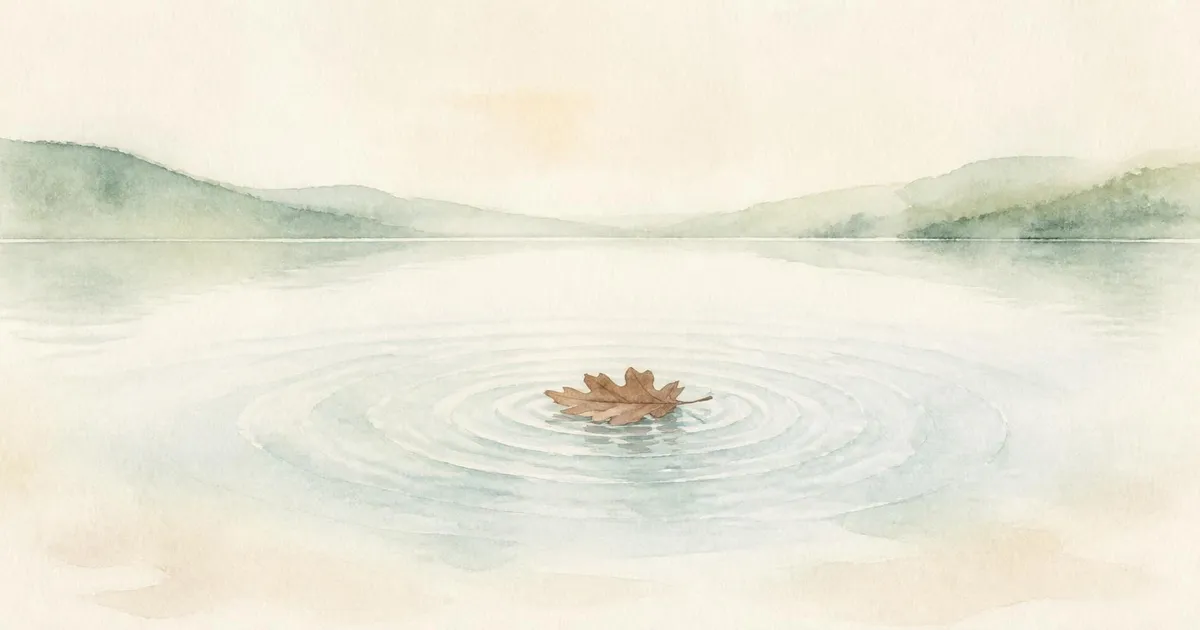 Watercolour of gentle ripples spreading across a still lake from a single fallen oak leaf, with soft green hills beyond