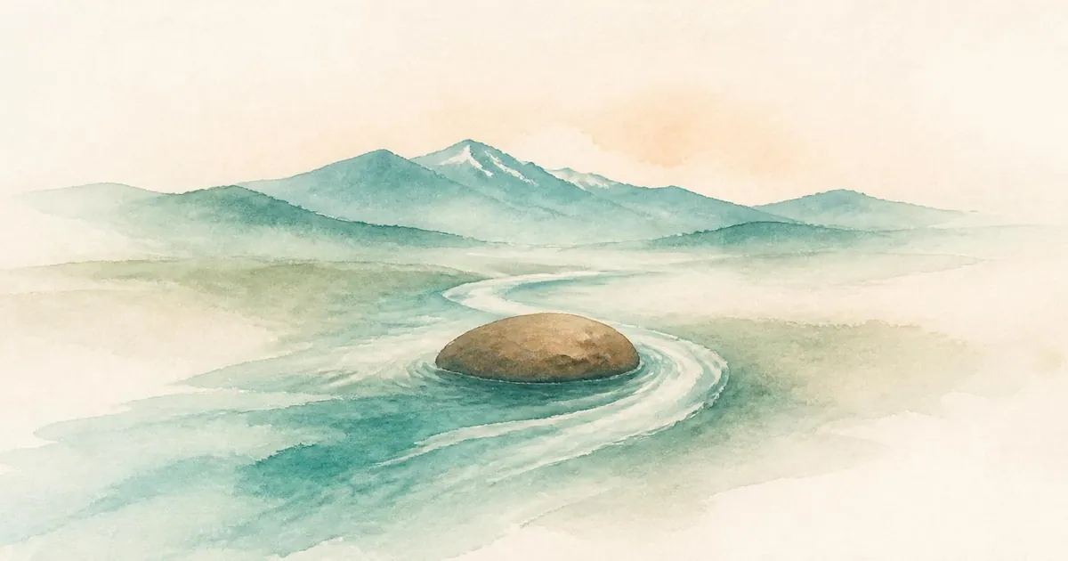 A slow teal stream curving around a smooth brown stone below soft layered hills and a faint peach glow.
