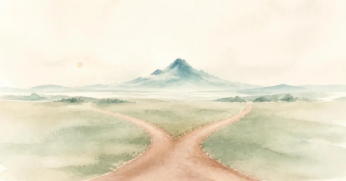 An earthen path through pale green fields dividing in two, with a single soft teal peak on the horizon.