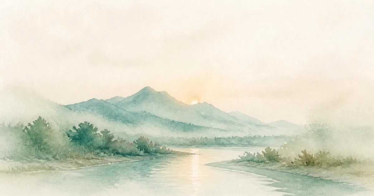 A small peach sun rising between soft layered teal hills, its light reflected on a slow curving river.