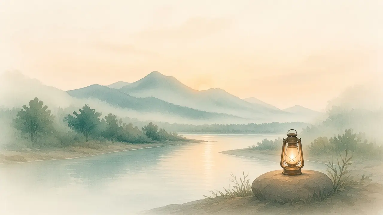 A small glowing lantern resting on a smooth stone beside a calm teal river under soft misty hills at dusk.