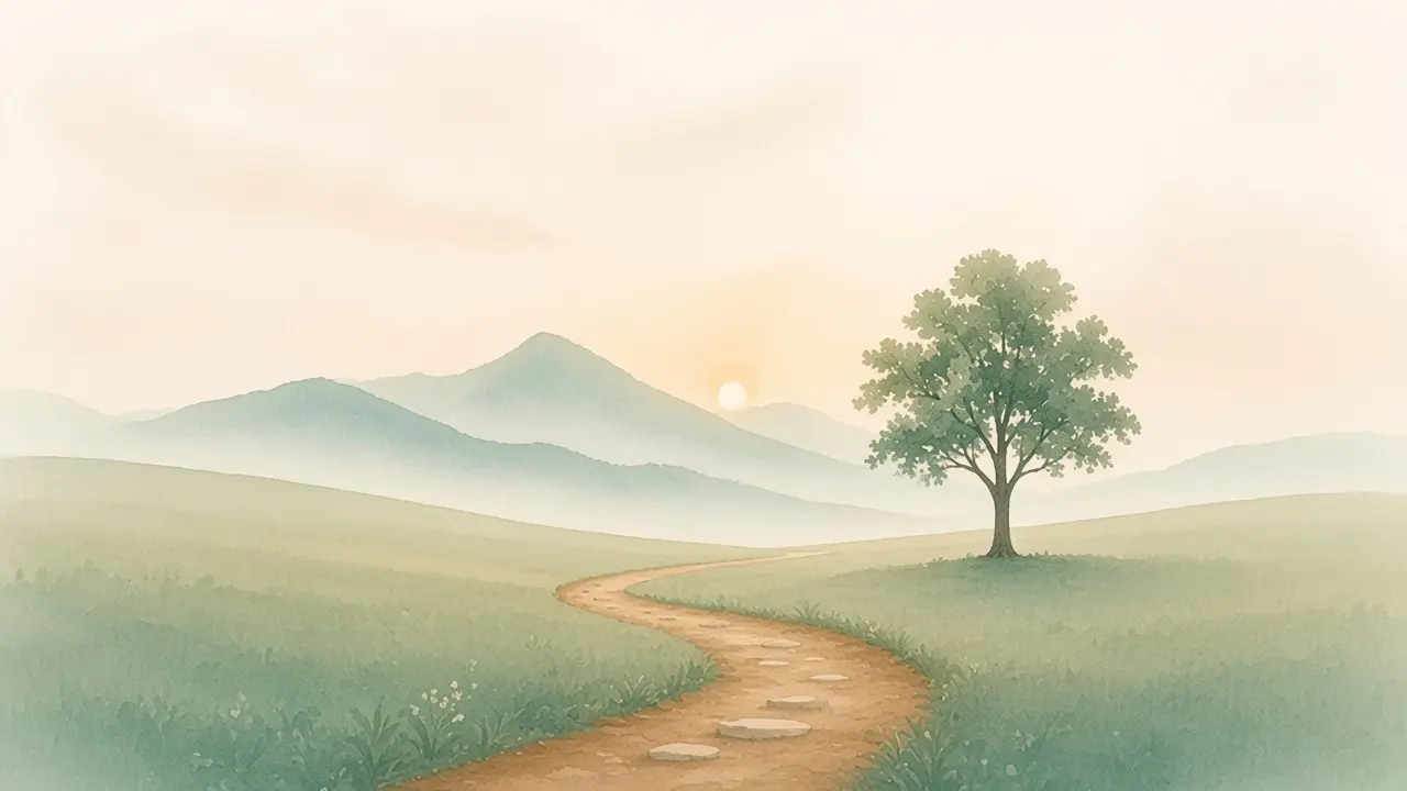 A winding earthen path with stepping stones leading through pale green fields toward a single young oak tree.