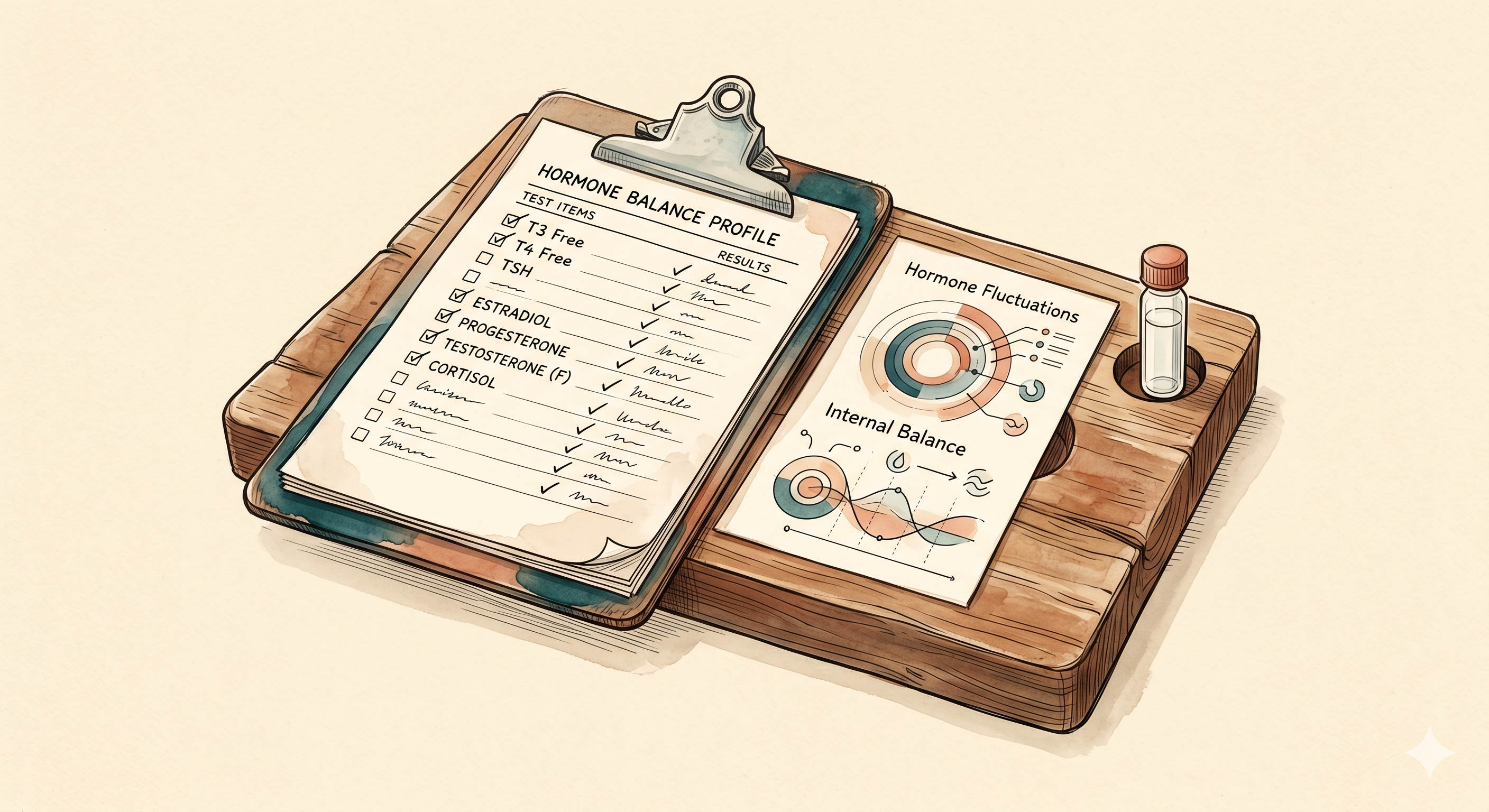 Illustrated hormone balance profile lab requisition on a wooden clipboard showing T3, T4, TSH, estradiol, progesterone, testosterone, and cortisol, alongside hormone fluctuation and internal balance charts — the kind of targeted lab work used to assess hormonal drivers of acne.