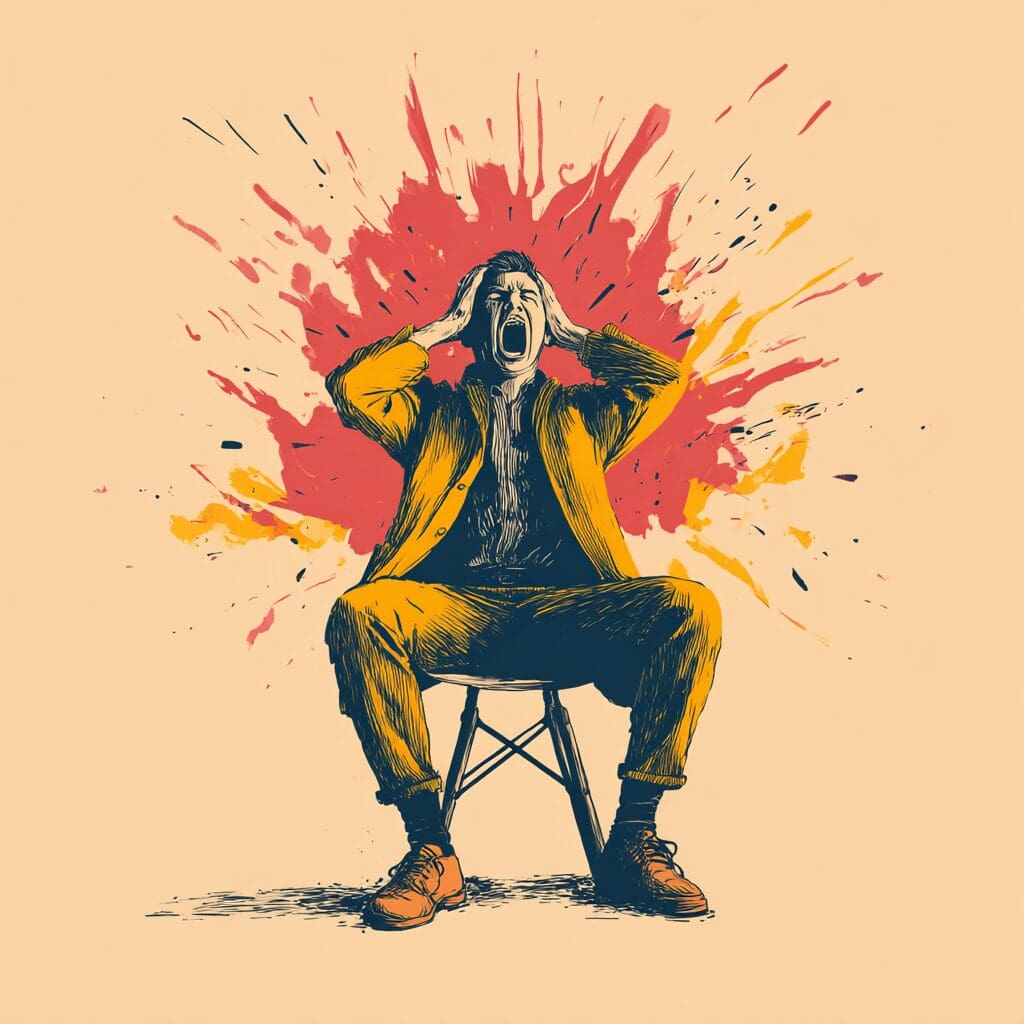 Hand-drawn style illustration of a person sitting on a chair, holding their head and yelling with a dramatic red and orange splash behind them, symbolizing anger