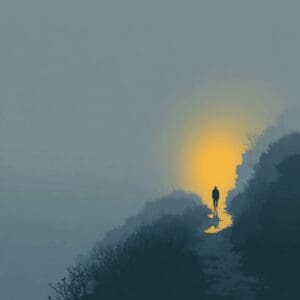 Silhouetted figure walking along a misty forest path toward soft yellow light, symbolizing clarity and emotional healing emerging from fog.