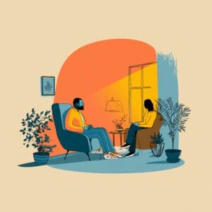 A hand-drawn style illustration of a calm counselling session, showing two people sitting in chairs in a supportive therapy setting with warm colours and plants