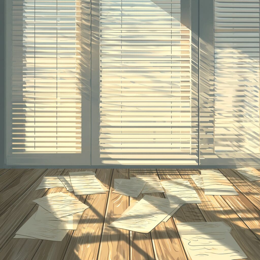 Warm sunlight filtering through blinds casts shadows on a wooden floor scattered with handwritten pages,