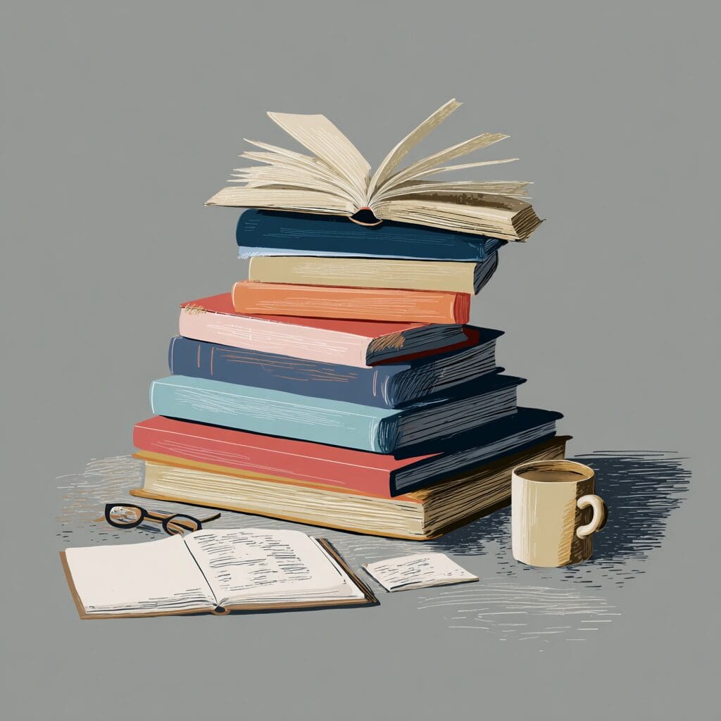 A tall stack of colourful books with an open book on top, beside a journal, glasses, and a mug—evoking the process of introspection