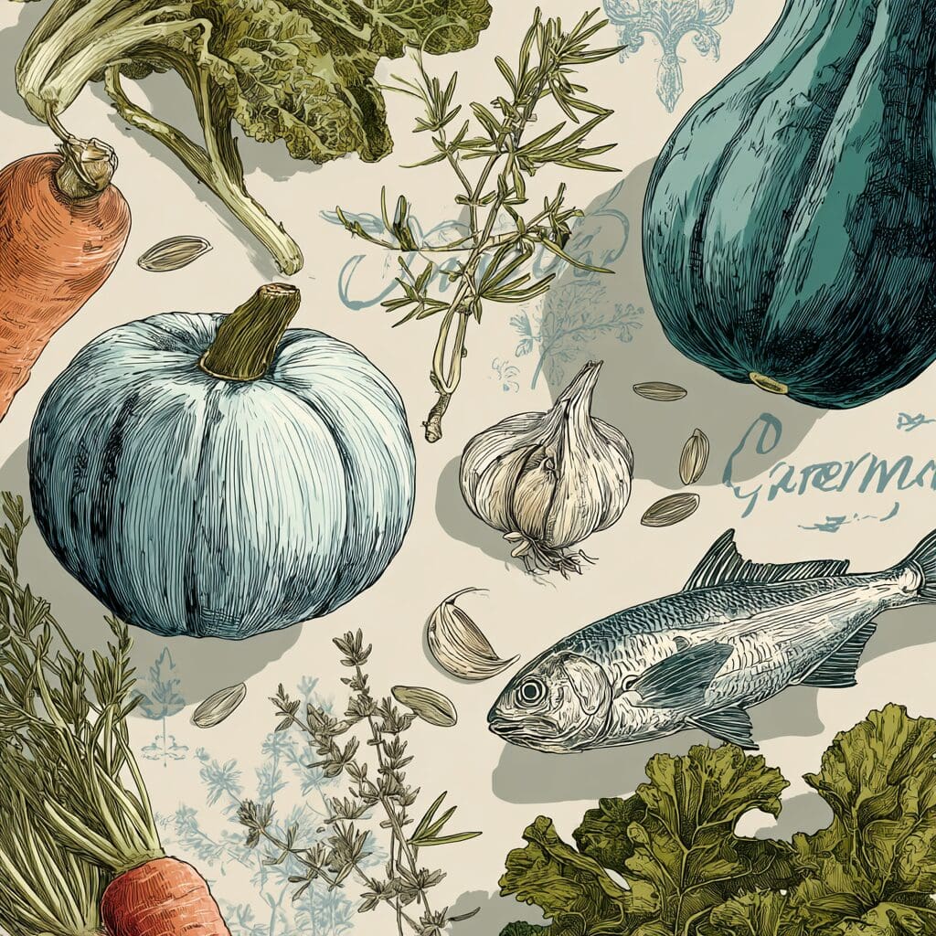 Hand-drawn illustration of winter immunity-boosting foods including garlic, carrots, squash, leafy greens, fresh herbs, and a whole fish. Stylized in vintage botanical style, highlighting seasonal whole foods used in naturopathic nutrition for cold and flu prevention