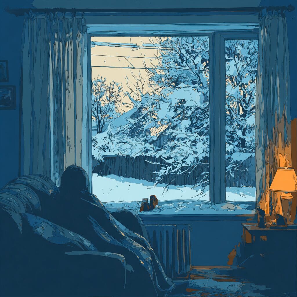 Illustrated interior winter scene of a person resting on a couch under a blanket, looking out at a snow-covered backyard through a large window,