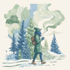 Stylized illustration of a bundled person walking through a snowy forest while holding a steaming cup, surrounded by evergreen trees and swirling winter air. Captures the calm and reflective tone of seasonal wellness and immune support through outdoor exposure and warmth.