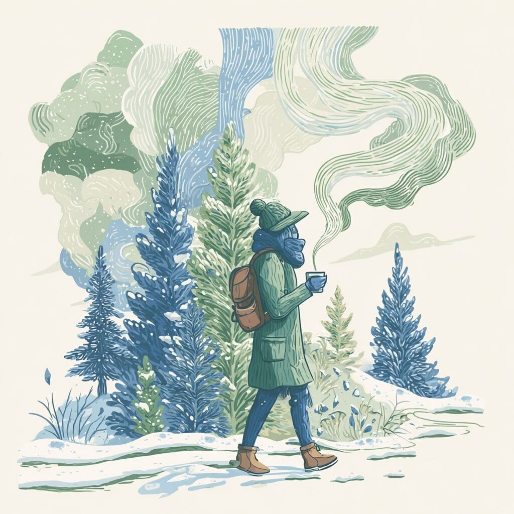 Stylized illustration of a bundled person walking through a snowy forest while holding a steaming cup, surrounded by evergreen trees and swirling winter air. Captures the calm and reflective tone of seasonal wellness and immune support through outdoor exposure and warmth.