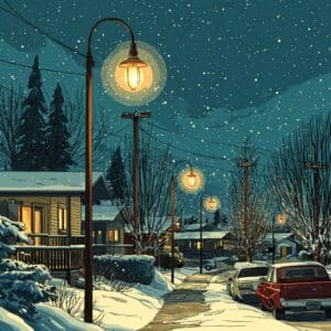 Illustrated winter street scene in Chilliwack with snow falling and warm streetlights glowing, representing how cold weather