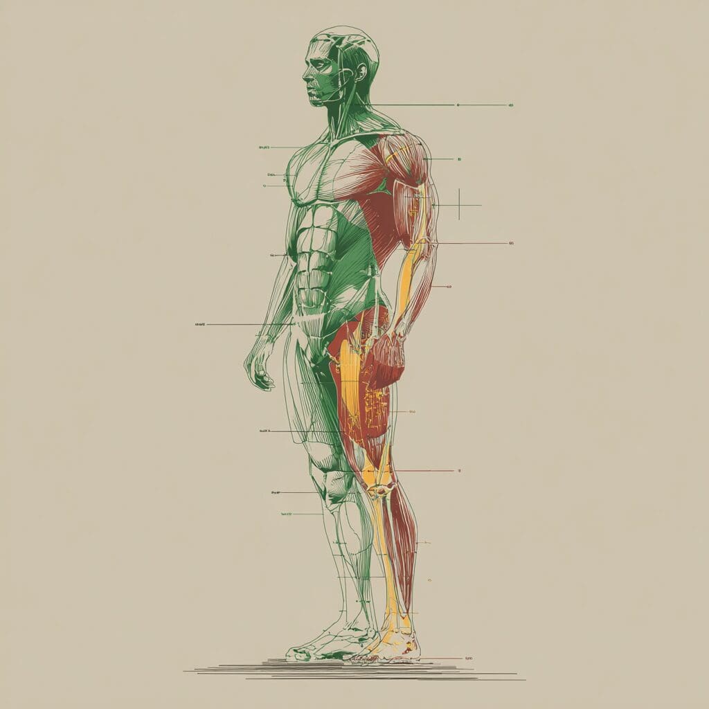 Anatomical illustration of the human muscular system with colour-coded injury zones, visualizing key soft tissue areas affected by sports strain.