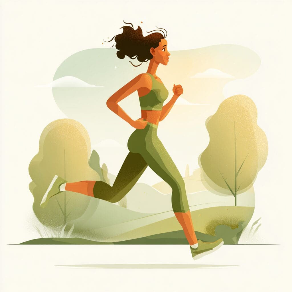 Editorial-style illustration of a female athlete jogging outdoors through a forested trail, representing active recovery and movement-focused injury prevention in Abbotsford.