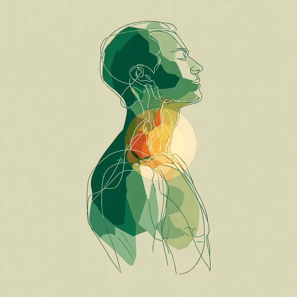 Stylized anatomical illustration of a human neck and thyroid region glowing with red and yellow tones, representing hyperthyroidism and hormonal imbalance.